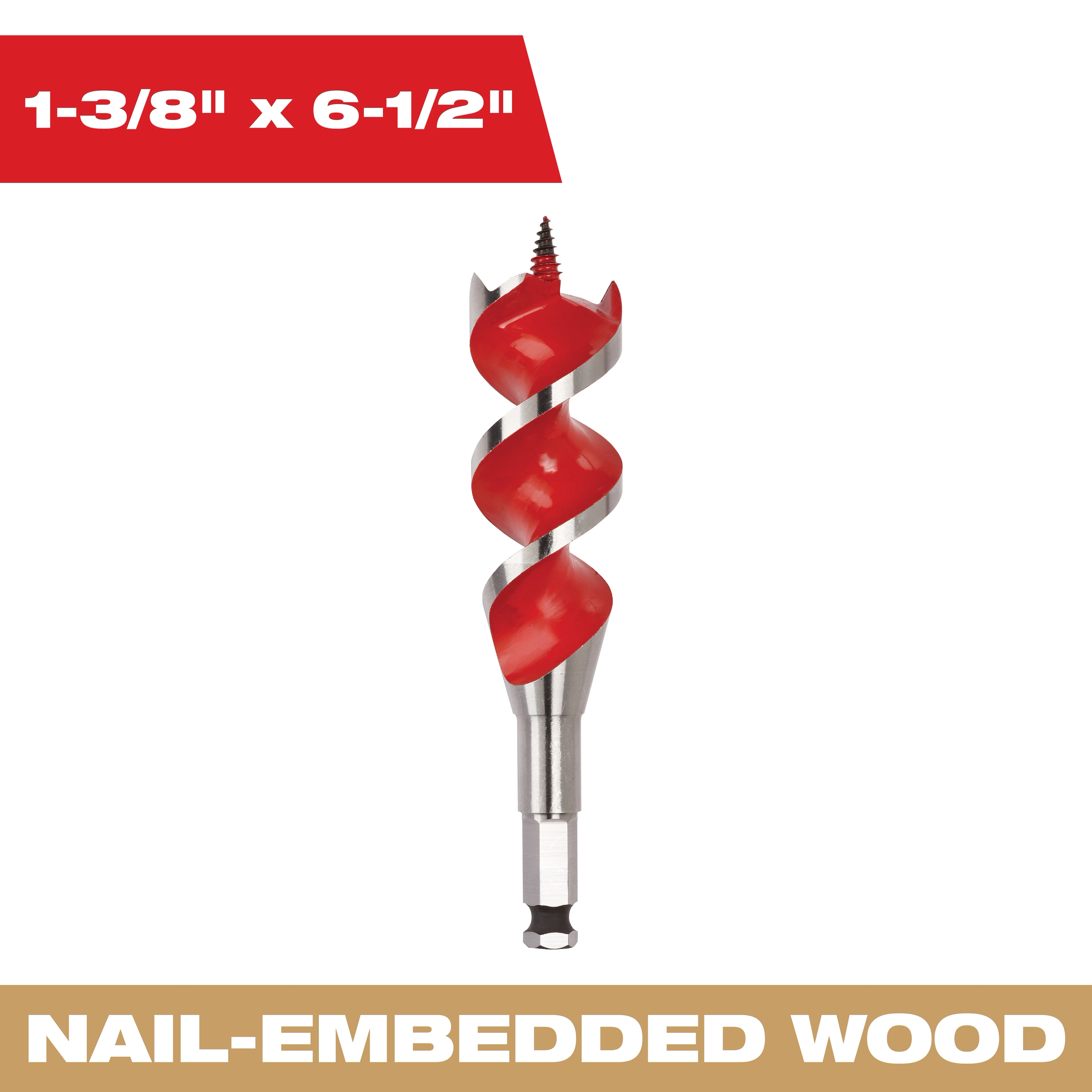 The 1-3/8 x 6-1/2 IN auger bit is designed for drilling through nail-embedded wood, featuring a red spiral around the metallic drill part. The bit has a sharp, pointed tip and a hexagonal base for secure attachment to drills.