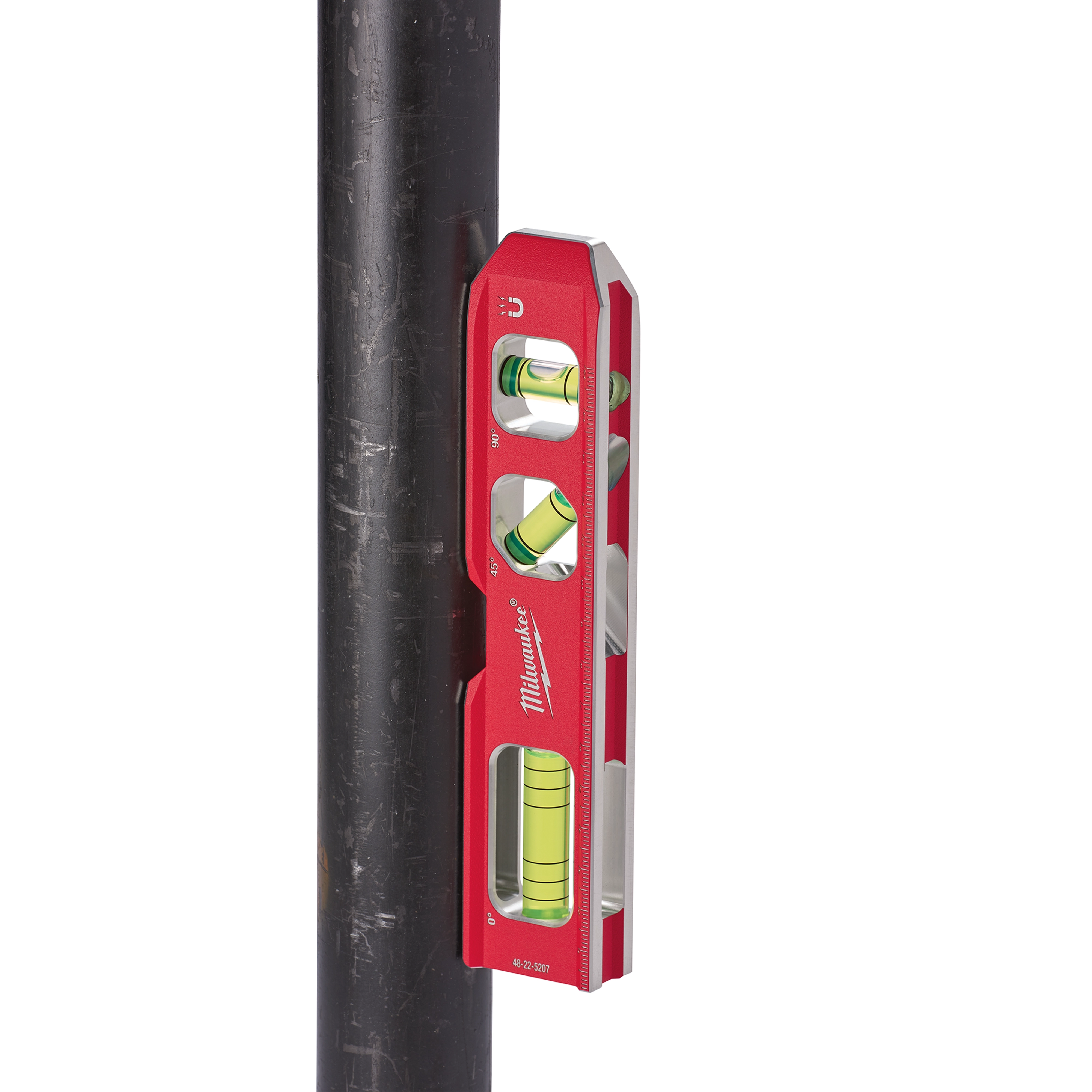 Milwaukee torpedo level with red aluminum body and three bubble vials attached magnetically to a metal pipe.
