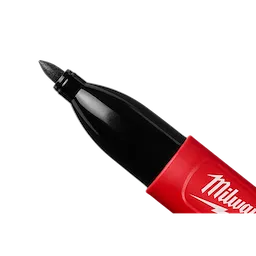 The Milwaukee INKZALL Double-Sided Black Jobsite Marker—Ultra Fine & Fine Point features a red body with a black, removable cap revealing a fine-point tip. This marker is designed for precision marking on job sites.