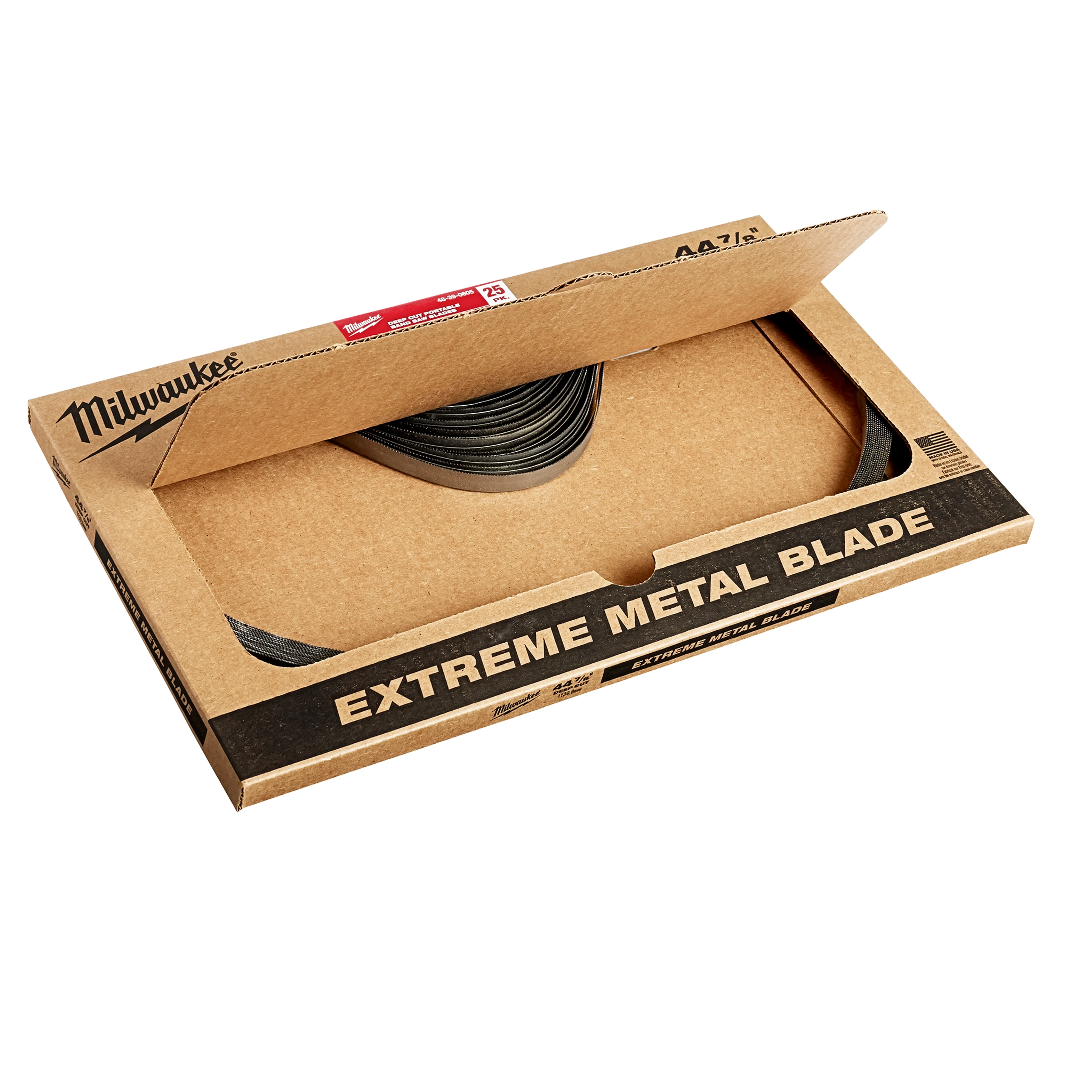 The Thick Metal Extreme Bandsaw Blade 25 pack is shown in an open cardboard box labeled "Extreme Metal Blade."