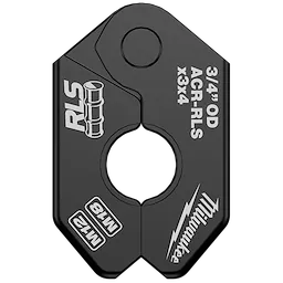 The 3/4" RLS® Pivoting Press Ring is a black, hexagonal tool with labeled specifications in white text. It features a central hole, the RLS logo, and the Milwaukee brand logo. The labels include "3/4” OD ACR-RLS x3x4" and "M12" on the tool's surface.
