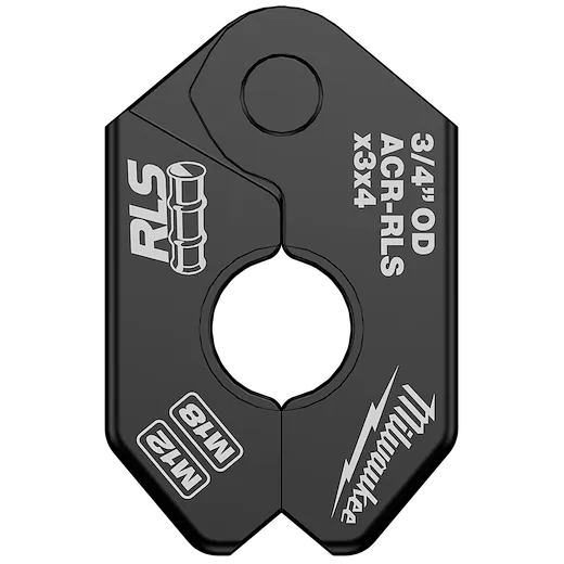 The 3/4" RLS® Pivoting Press Ring is a black, hexagonal tool with labeled specifications in white text. It features a central hole, the RLS logo, and the Milwaukee brand logo. The labels include "3/4” OD ACR-RLS x3x4" and "M12" on the tool's surface.