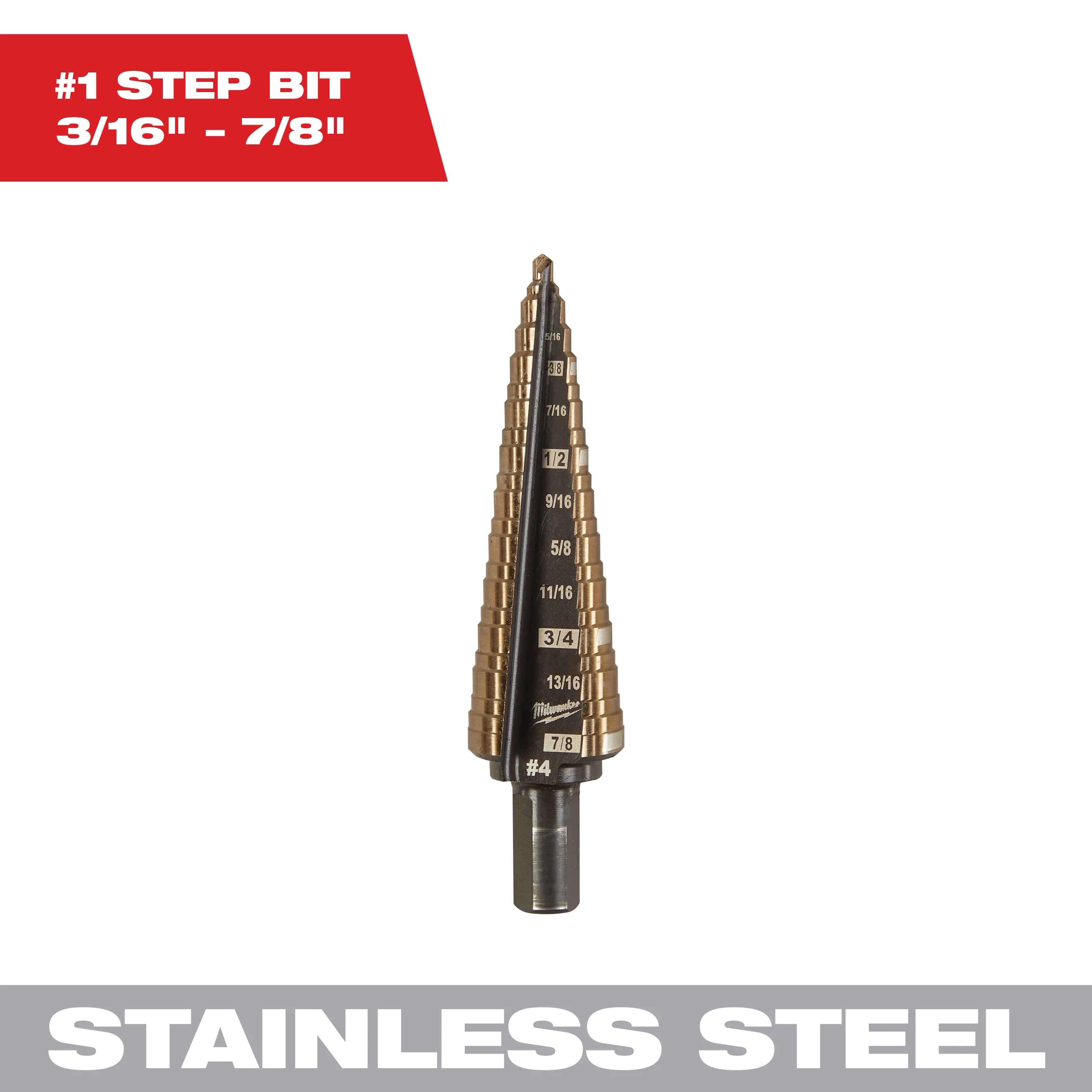 Cobalt Step Drill Bit featuring 12 steps, ranging from 3/16" to 7/8", designed for stainless steel materials. It has clear size markings and a tapered design for smooth drilling transitions.