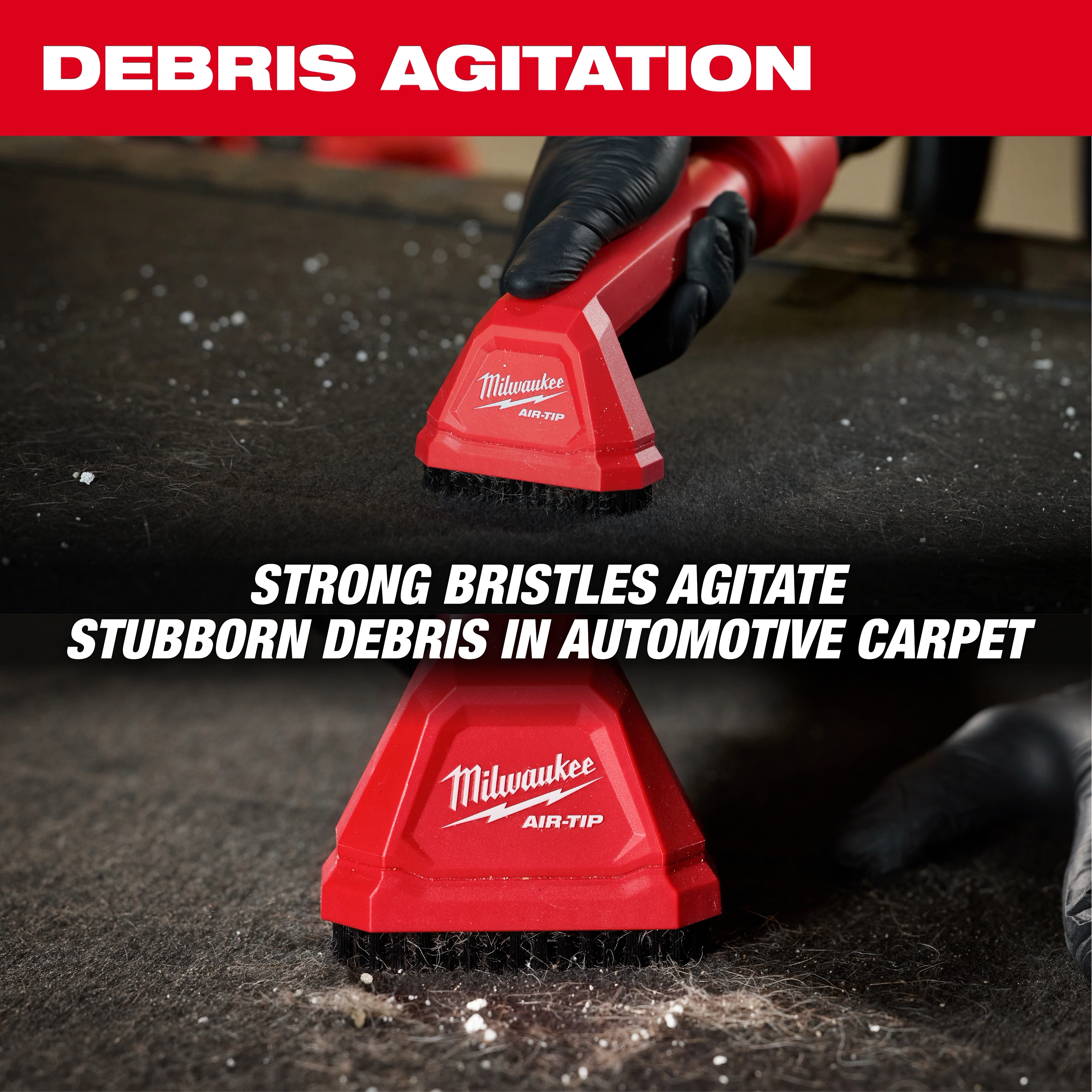 The AIR-TIP Automotive Detail Brush with strong bristles removes stubborn debris from automotive carpets.