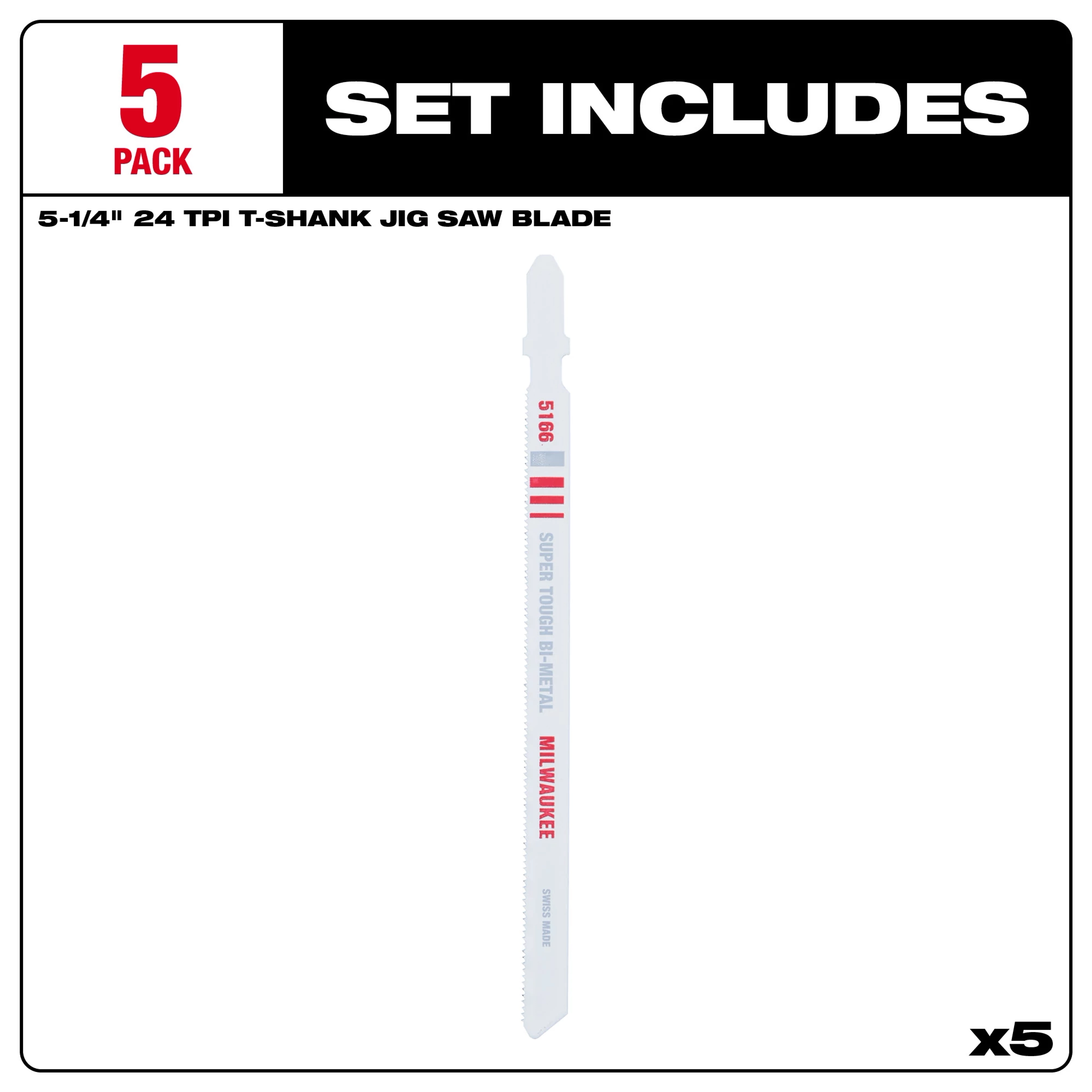 5-Pack 5-1/4" 24TPI T-Shank Metal Cutting Bi-Metal Jig Saw Blades displayed, suitable for tough metal cutting tasks.