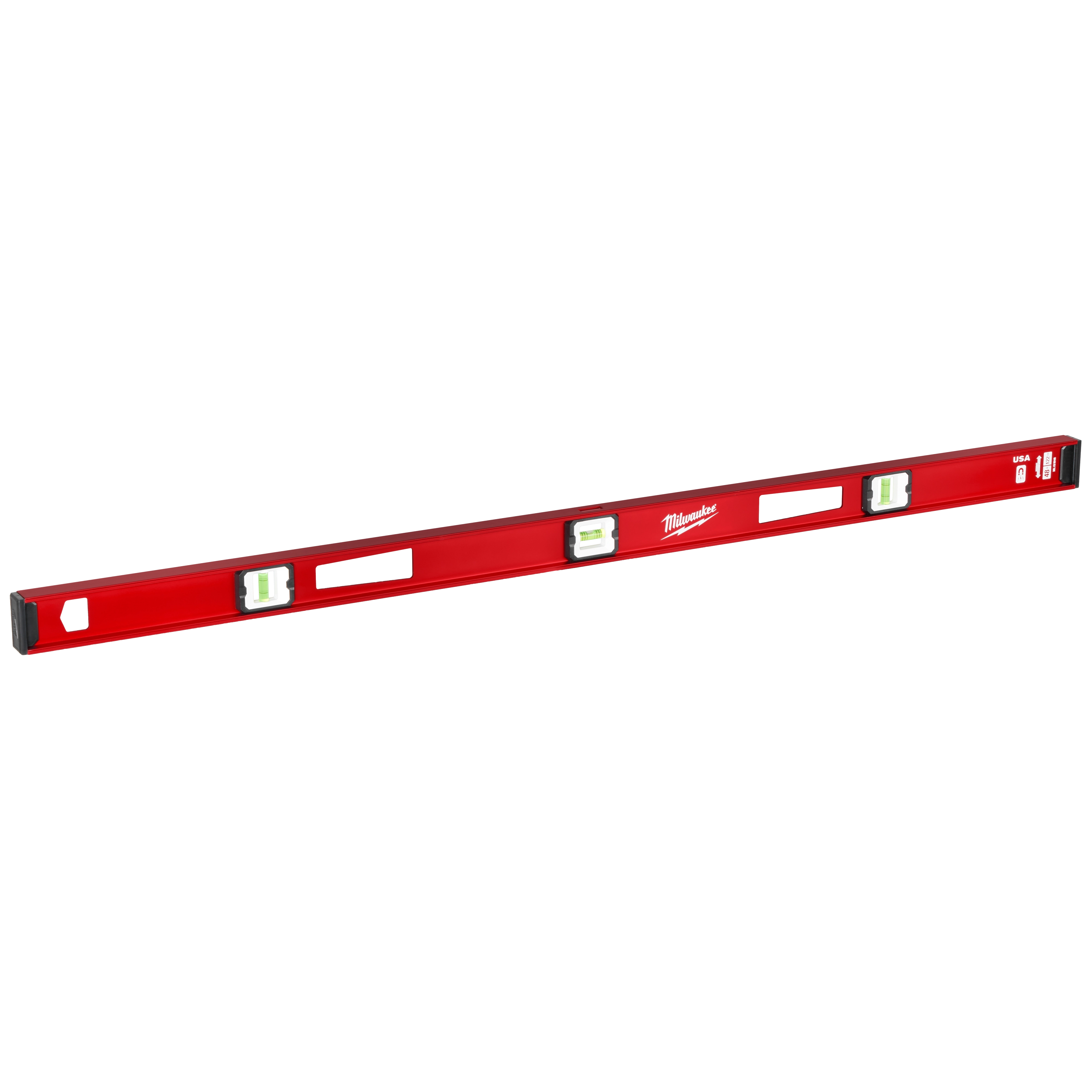 The Milwaukee® 48" Magnetic I-Beam Level is a red, 48-inch leveling tool featuring multiple vials and magnetic strips for enhanced accuracy and convenience in leveling applications. It has cutouts for easy handling and the Milwaukee logo is printed in white on the side.