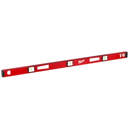 The Milwaukee® 48" Magnetic I-Beam Level is a red, 48-inch leveling tool featuring multiple vials and magnetic strips for enhanced accuracy and convenience in leveling applications. It has cutouts for easy handling and the Milwaukee logo is printed in white on the side.