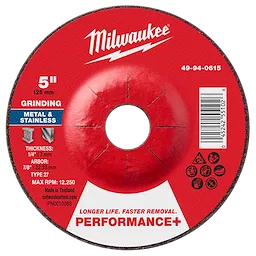Milwaukee 5" x 1/4" x 7/8" Performance+ Metal Grinding Wheel - Type 27, suitable for grinding metal and stainless steel.
