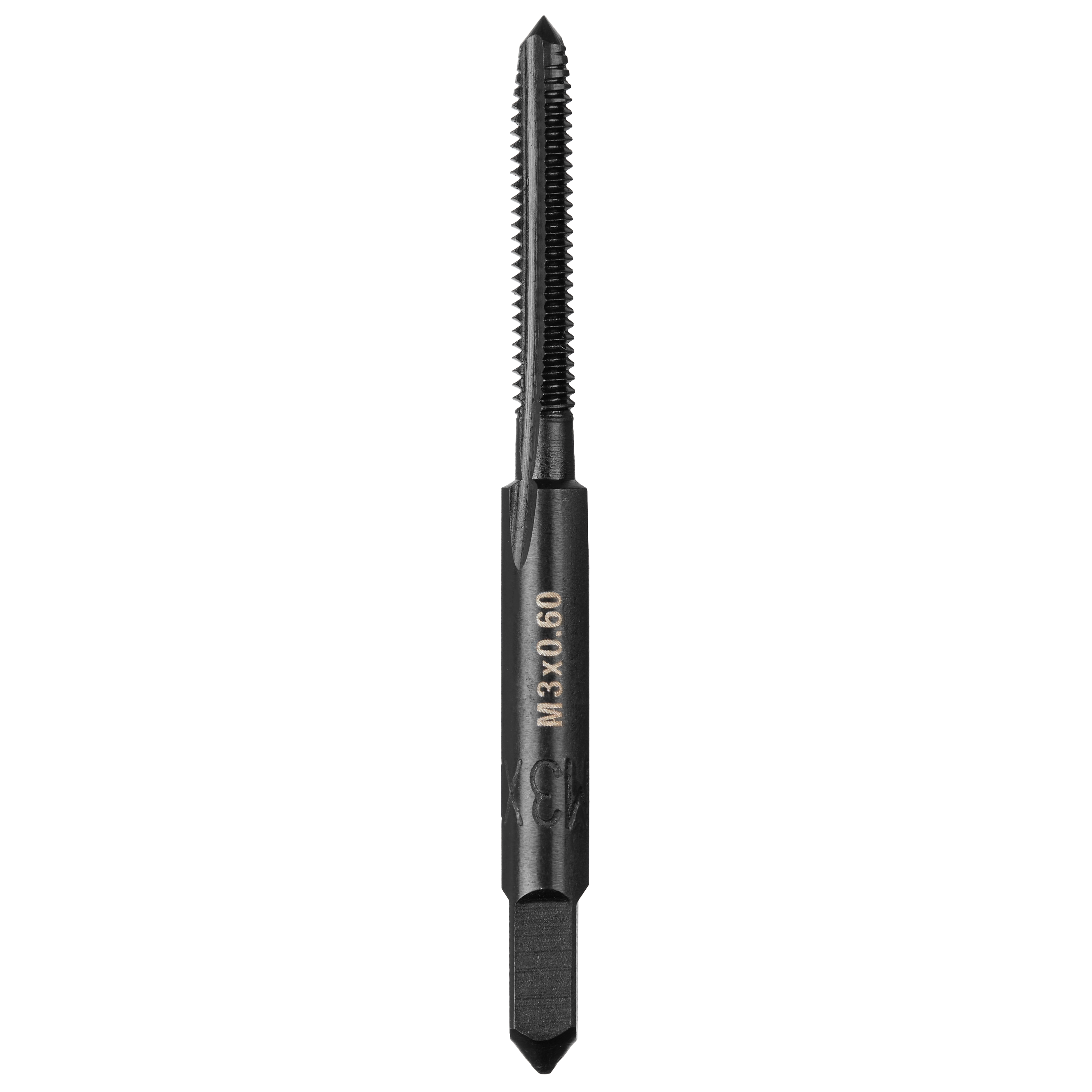 The image shows an M3-0.60 20mm Straight Flute Plug Tap, a black metal tool used for creating screw threads in materials.