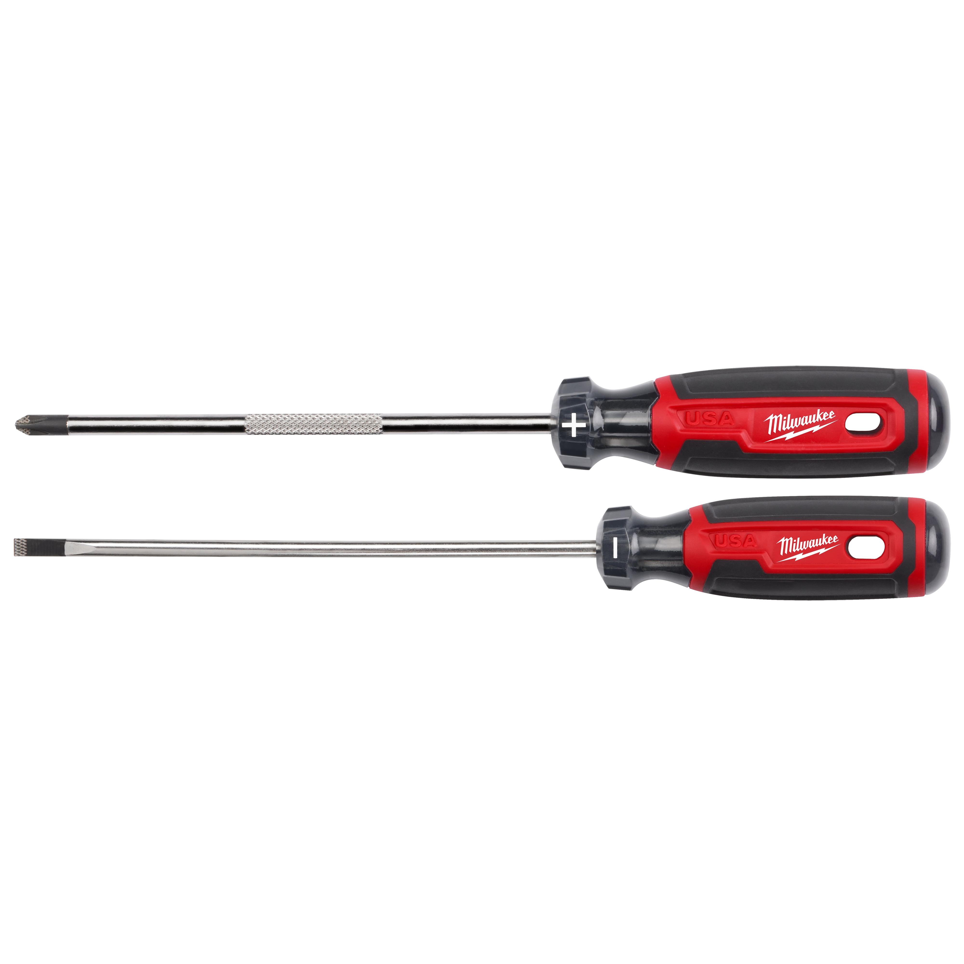 2 PC. Cushion Grip Screwdriver Set (USA) includes one Phillips and one flathead screwdriver with black and red ergonomic handles.