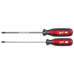 2 PC. Cushion Grip Screwdriver Set (USA) includes one Phillips and one flathead screwdriver with black and red ergonomic handles.