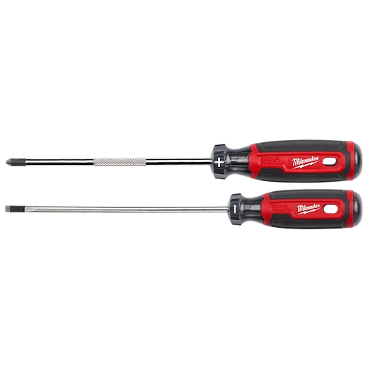 2 PC. Cushion Grip Screwdriver Set (USA) includes one Phillips and one flathead screwdriver with black and red ergonomic handles.