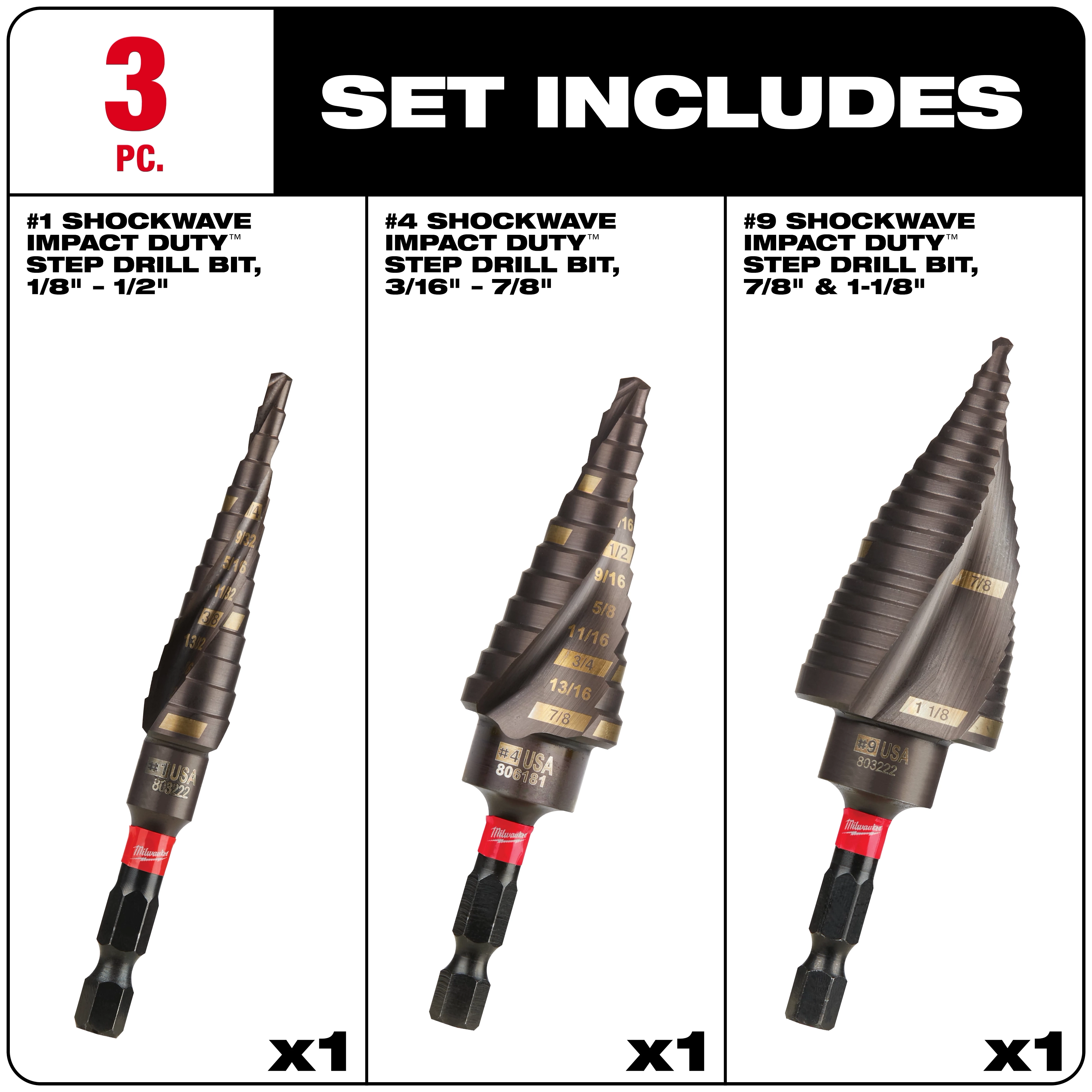 The 48-89-9257 SHOCKWAVE Impact Duty Step Bit Set Includes three pieces: #1 (1/8" - 1/2"), #4 (3/16" - 7/8"), and #9 (7/8" & 1-1/8") step drill bits. Suitable for impact drivers, each bit has a titanium coating and hex shank.