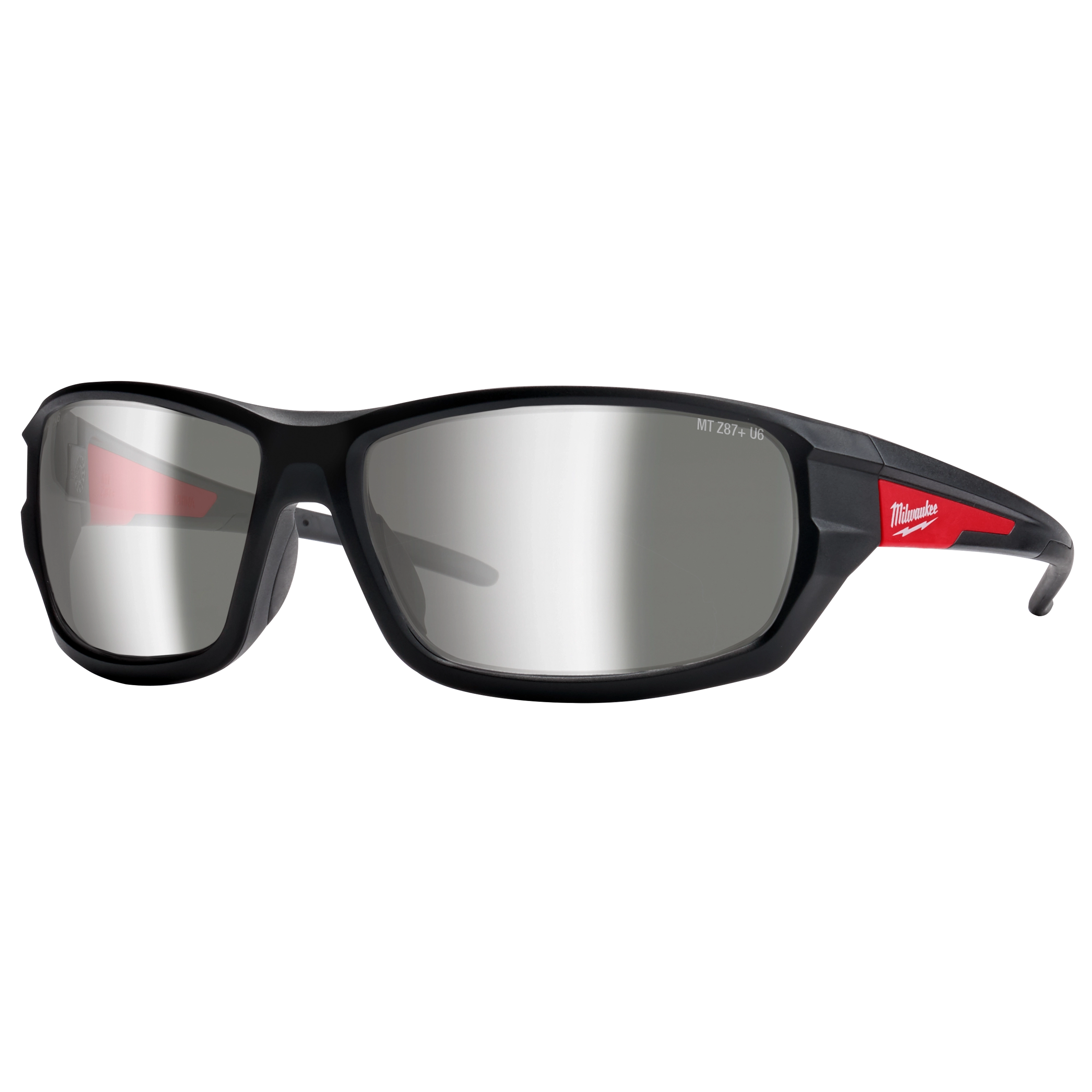 Mirrored Performance Safety Glasses with black frame and mirrored lenses, featuring red accents on the temples.