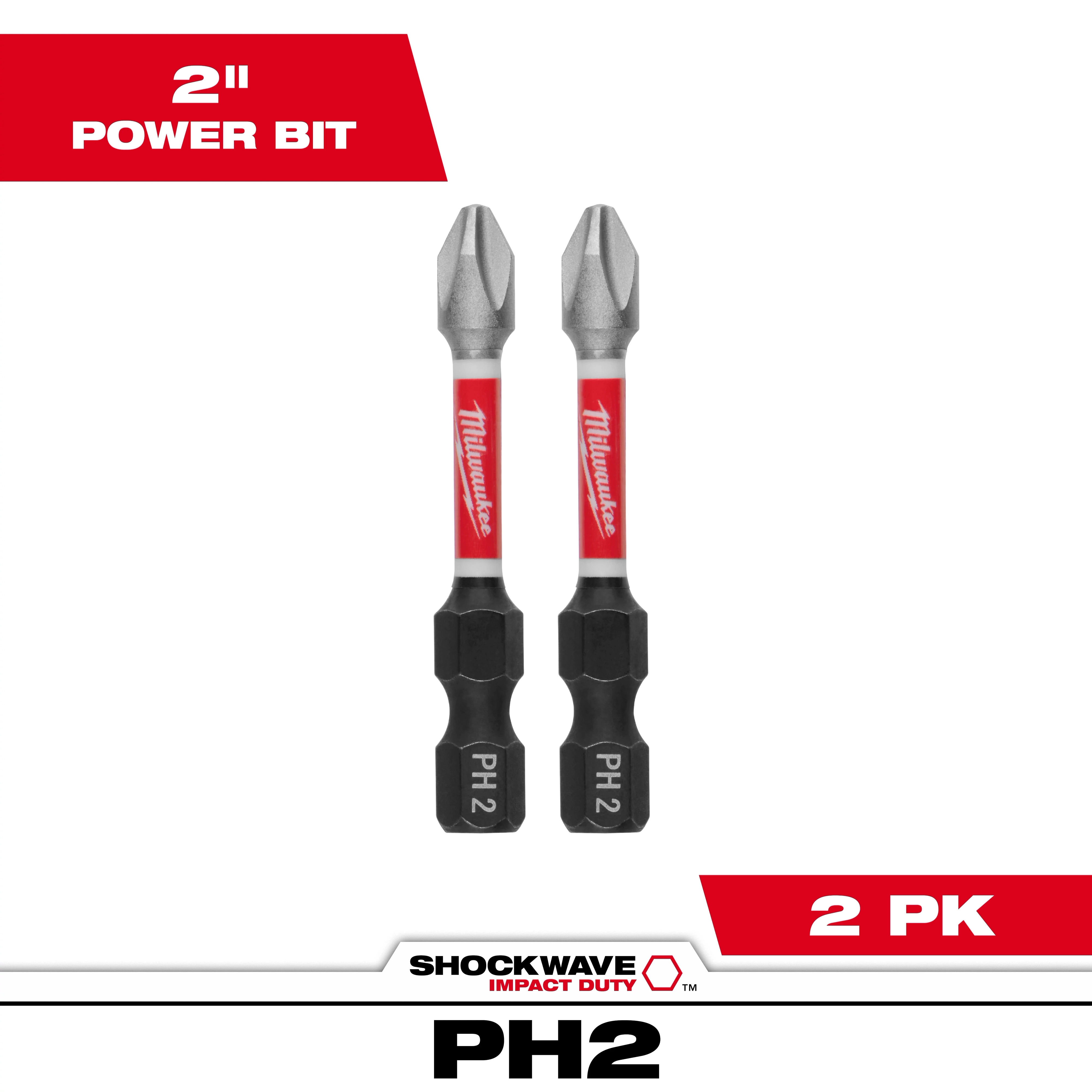 The image shows two SHOCKWAVE™ Impact Duty 2" PH2 Bits (2 Pack) from Milwaukee. They are designed with red and black labels, indicating size and brand, and positioned upright on a white background. Text labels also state "2" Power Bit" and "PH2" with a "2 PK" sign.