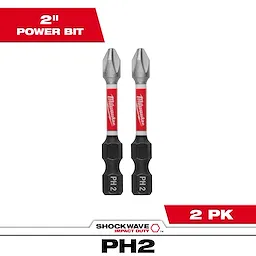 The image shows two SHOCKWAVE™ Impact Duty 2" PH2 Bits (2 Pack) from Milwaukee. They are designed with red and black labels, indicating size and brand, and positioned upright on a white background. Text labels also state "2" Power Bit" and "PH2" with a "2 PK" sign.