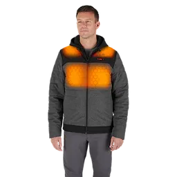 M12 Heated AXIS Jacket in dark grey with visible heating elements highlighted in orange across the chest and back areas.
