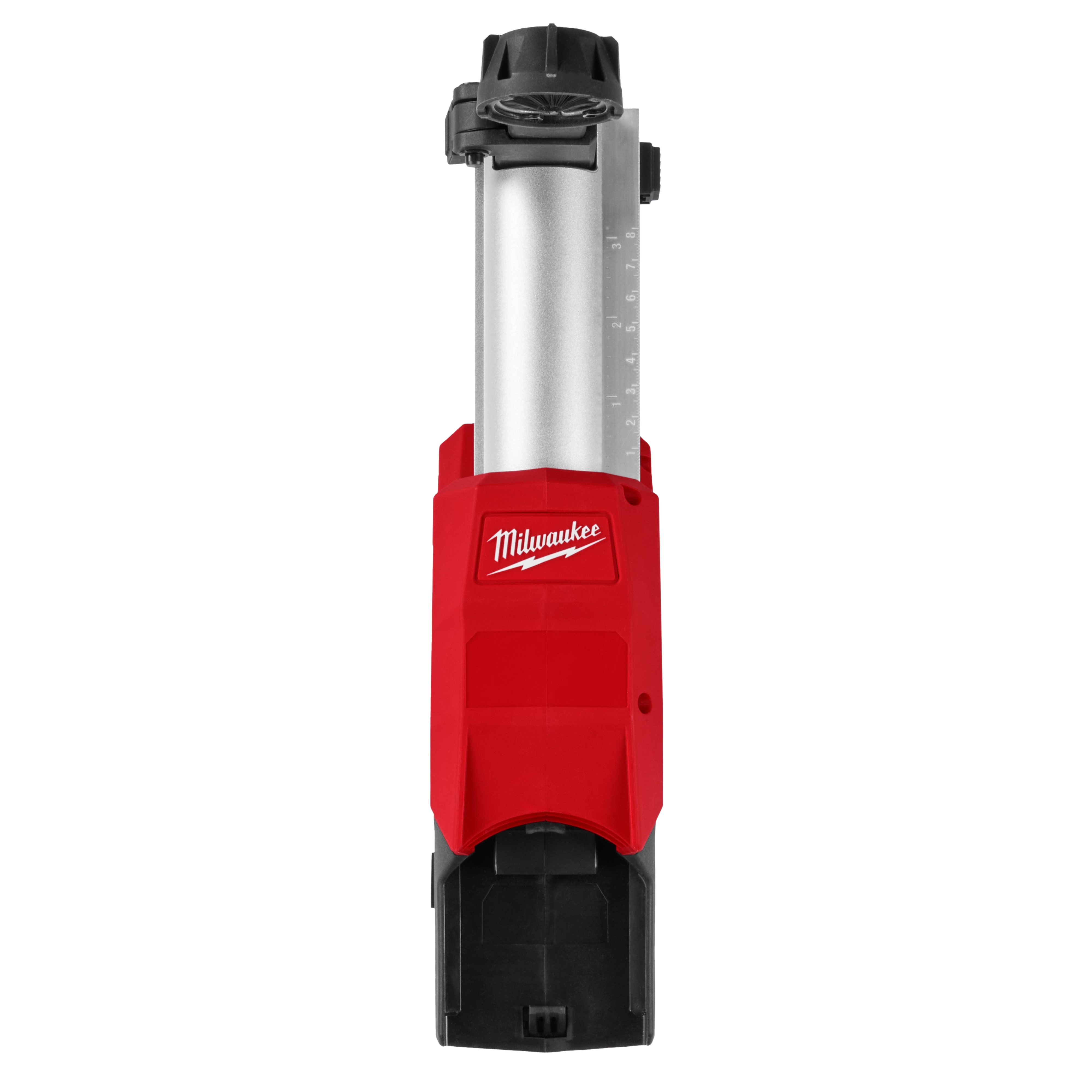 The image shows the M18 FUEL™ HAMMERVAC™ 5/8" Dedicated Dust Extractor in a red and silver color scheme, accented with the Milwaukee logo on the red body. It features a cylindrical design with measurement markings on its side.