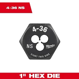 4-36 NS 1-Inch Hex Threading Die is a hexagonal tool used for cutting threads in metal, marked with "4-36" and "NS".