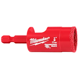 Red Milwaukee 7/8" Diamond Max Hole Saw Bit with 7/16" hex shank and Diamond Max label for cutting abrasive materials, 22 mm diameter.
