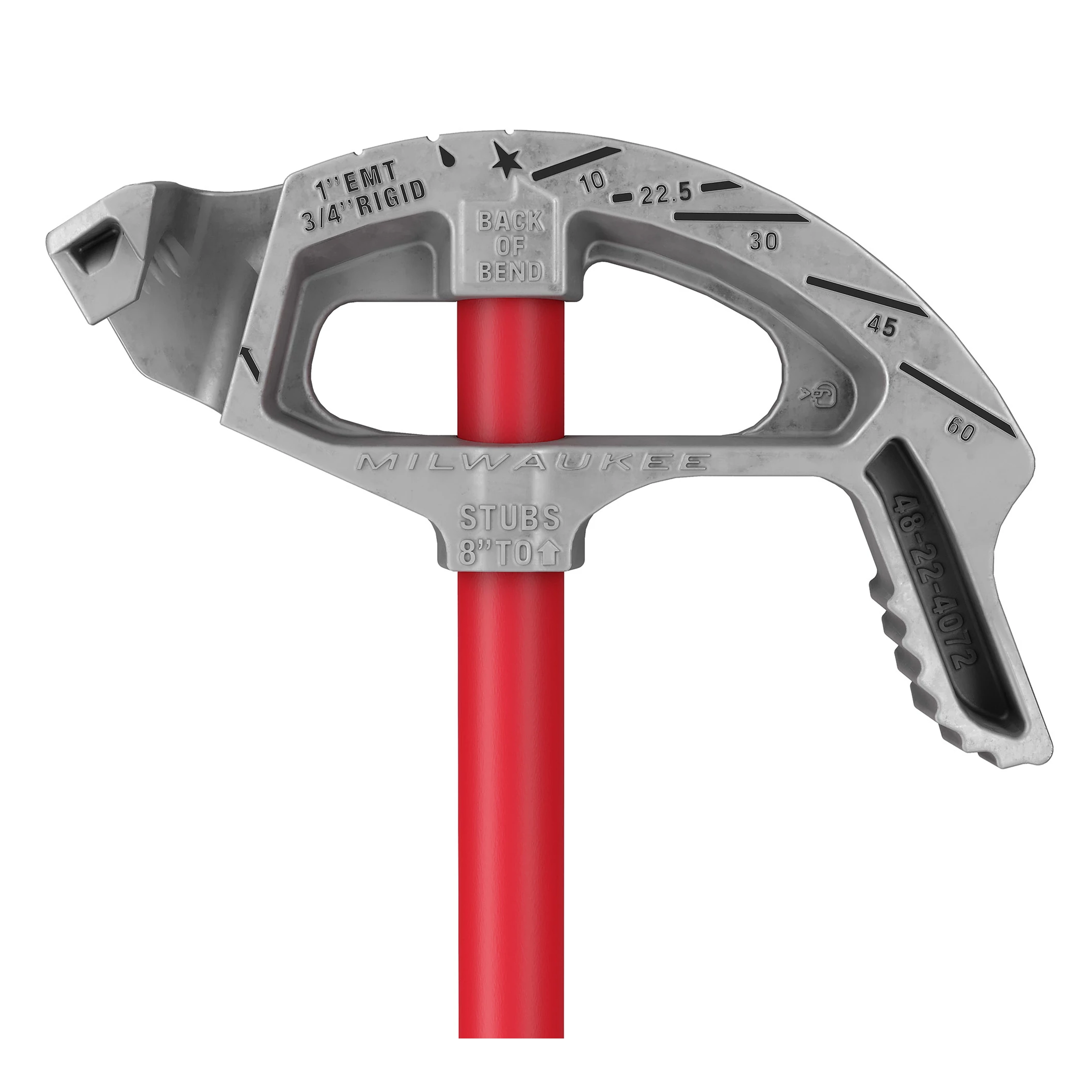Milwaukee Aluminum Conduit Bender with red handle, featuring angle markings and "Back of Bend" label for precision bending.