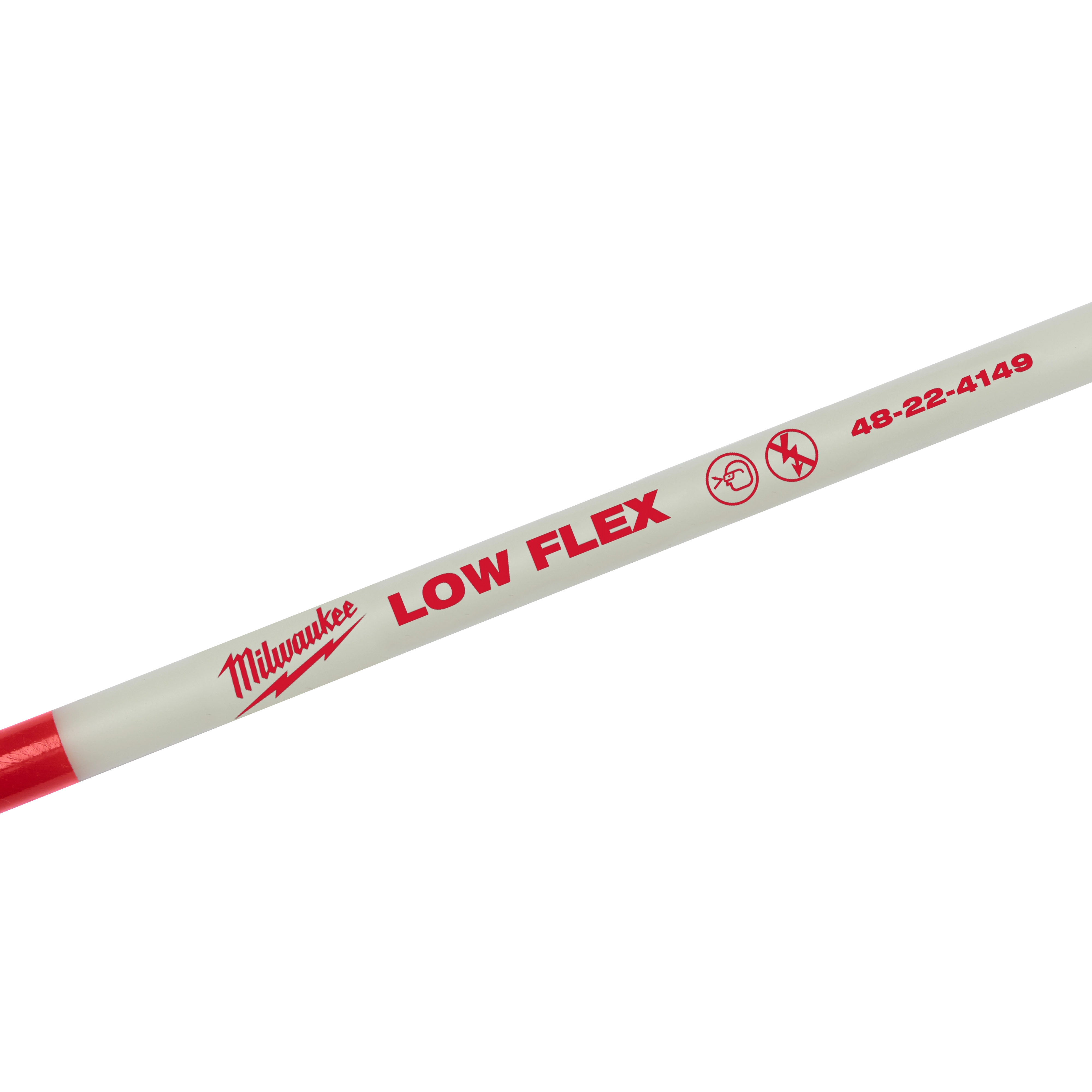 Milwaukee 5 Foot Low Flex Fish Stick with a white and red design, featuring "LOW FLEX" and part number 48-22-4149 printed on it.