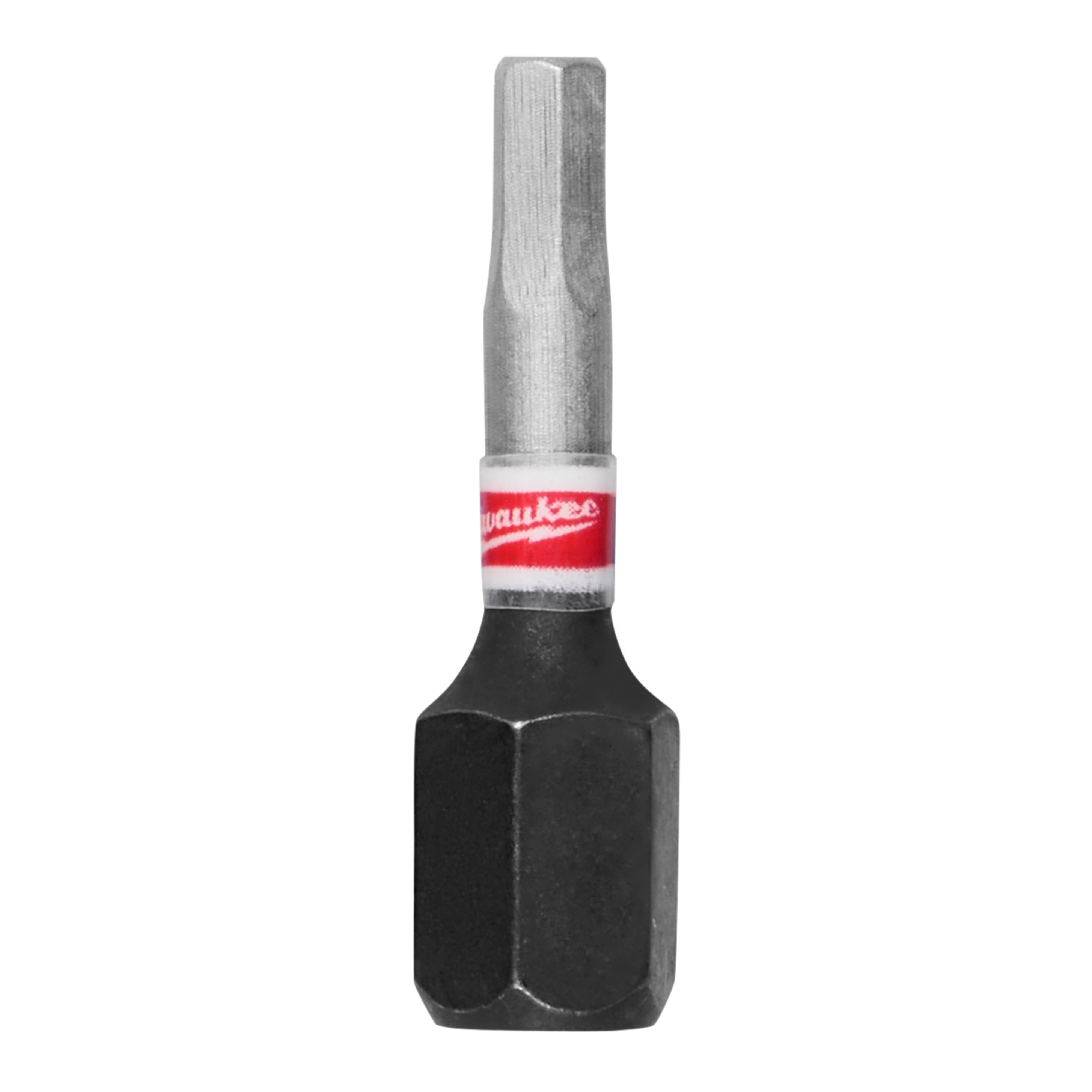 Image of a SHOCKWAVE™ 1" Impact Duty Hex 7/64" Insert Bit. The bit has a black base and a silver hexagonal tip, with a red ring labeled "Milwaukee" near the middle. The bit is designed for heavy-duty impact applications.