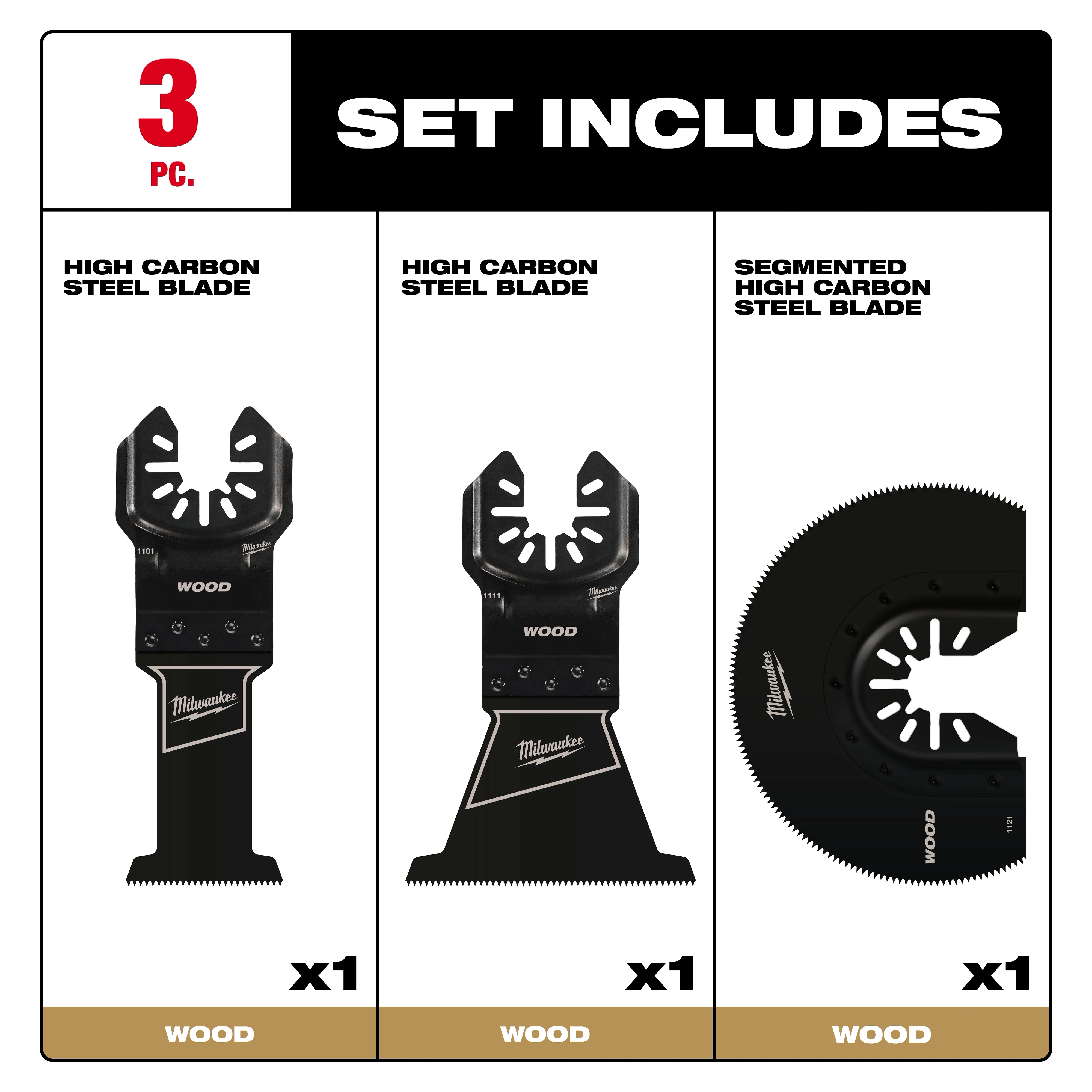 OPEN-LOK 3PC Wood Cutting Multi-Tool Blade Variety Pack includes two high carbon steel blades and one segmented blade.
