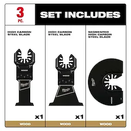 OPEN-LOK 3PC Wood Cutting Multi-Tool Blade Variety Pack includes two high carbon steel blades and one segmented blade.