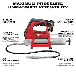 M12 12-Volt Lithium-Ion Cordless Grease Gun Kit with 3.0 Ah Battery, charger, and tool bag. Features onboard fuel gauge and integrated hose storage.