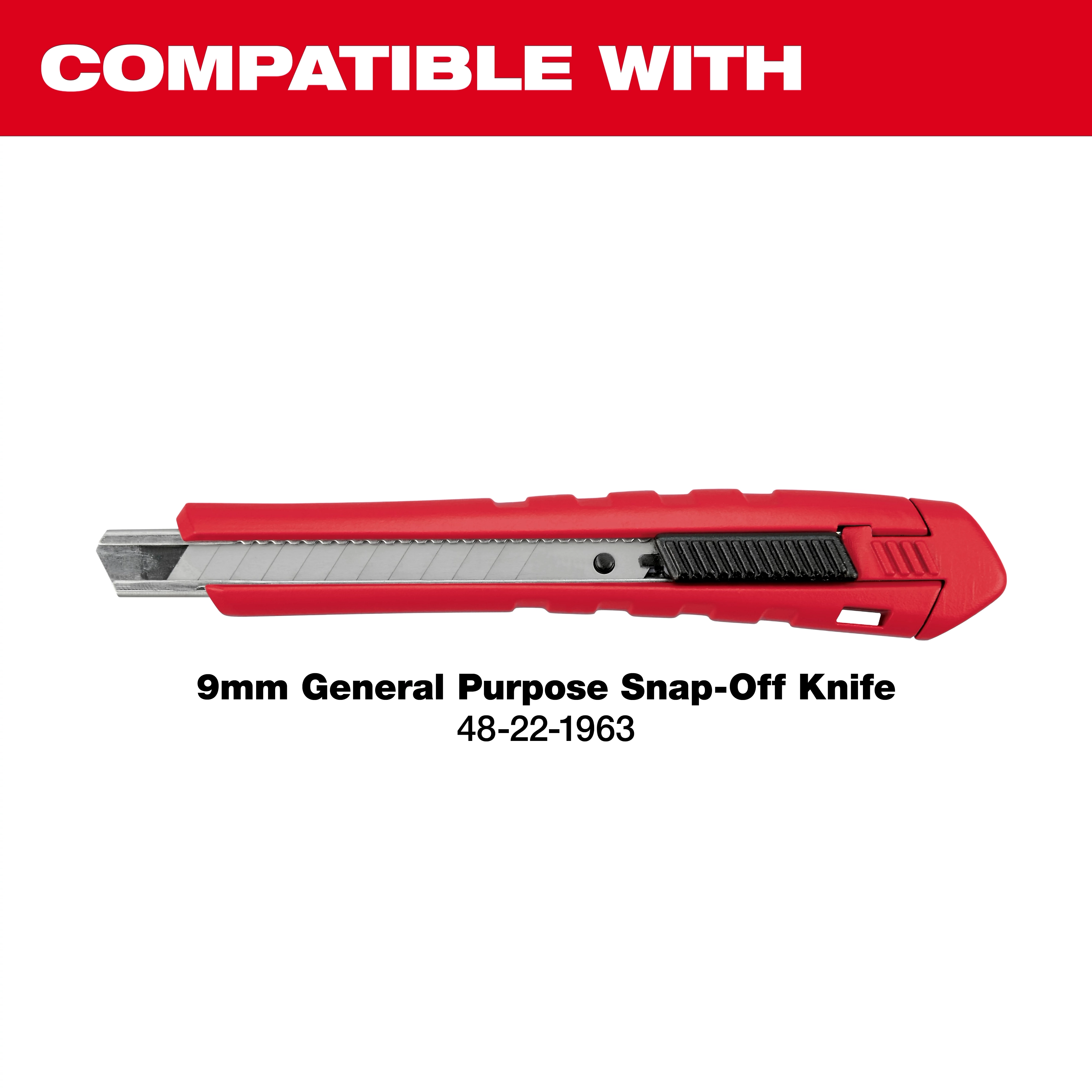9mm General Purpose Snap-Off Knife with a red body and silver blade, model number 48-22-1963, shown against a white background.