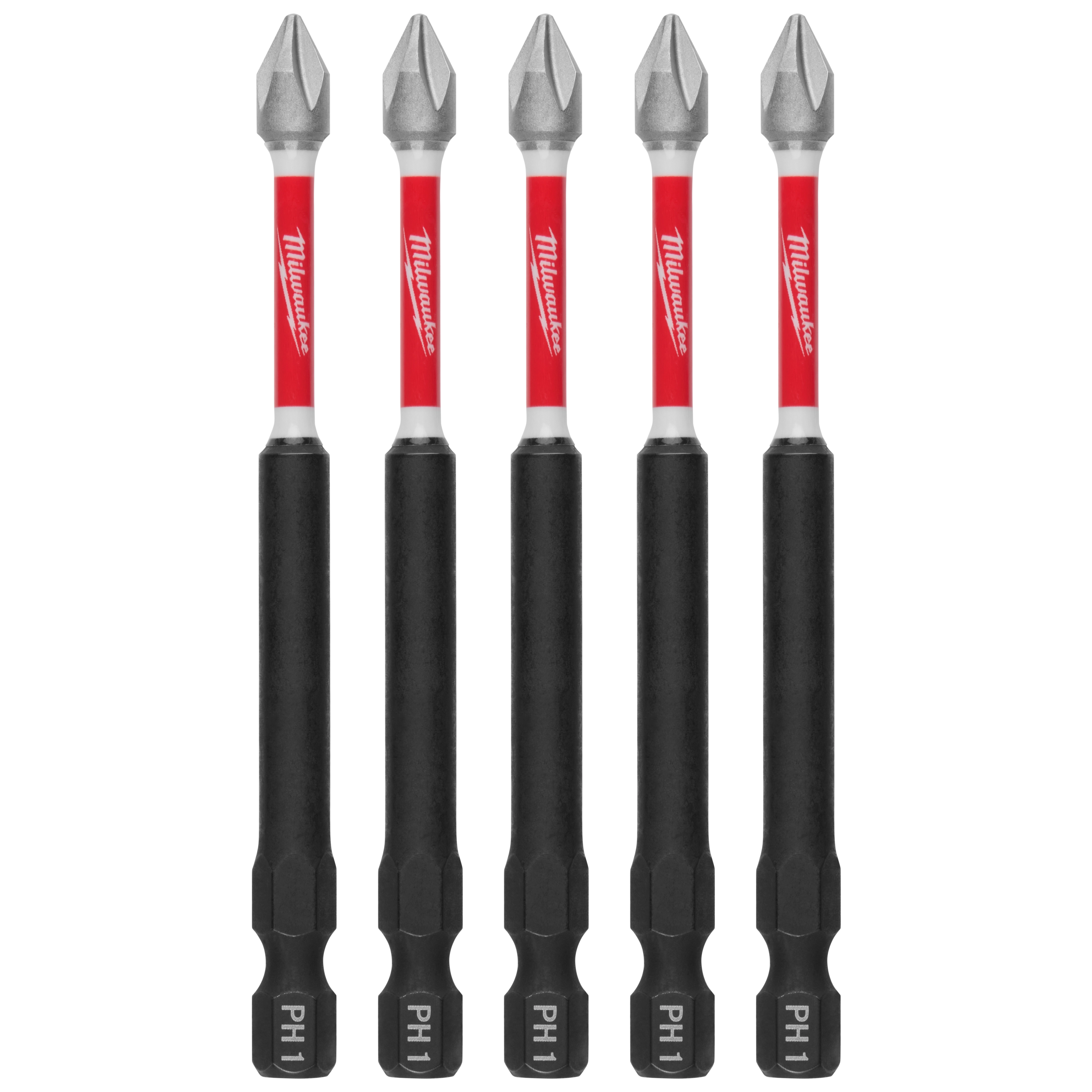 The image shows five Milwaukee PH1 screwdriver bits arranged in a row. The bits have a red and silver upper section with the Milwaukee logo, and a black lower section with "PH1" labeled at the bottom. They are designed for precision and durability.