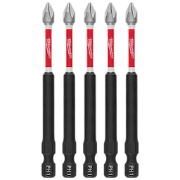 The image shows five Milwaukee PH1 screwdriver bits arranged in a row. The bits have a red and silver upper section with the Milwaukee logo, and a black lower section with "PH1" labeled at the bottom. They are designed for precision and durability.