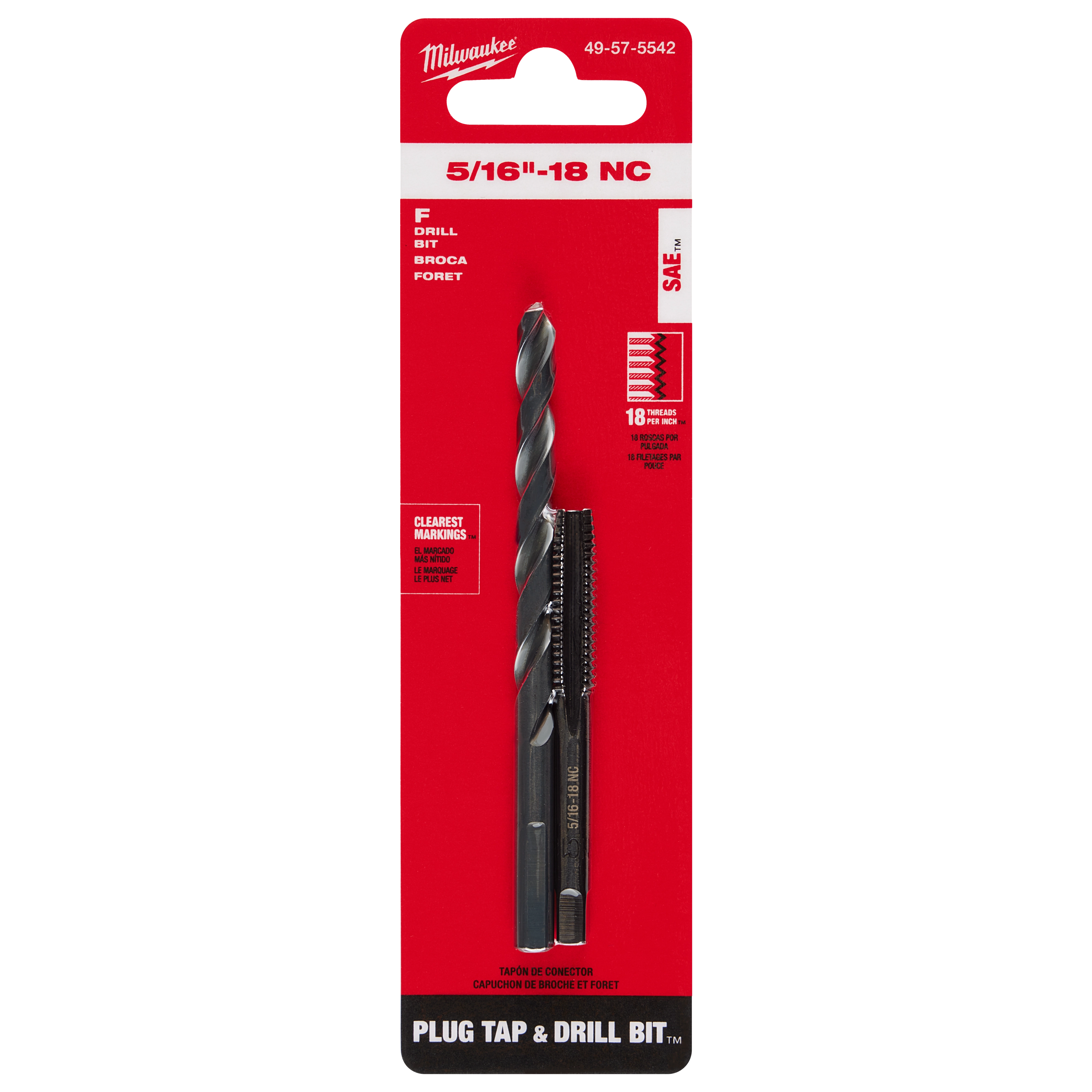 5/16"-18 Straight Flute Plug Tap & F Drill Bit on red packaging. Contains one drill bit and one tap with clear markings.