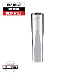 The image shows a Milwaukee 1/4" drive metric deep well socket with a chrome finish. The text above reads "1/4" Drive Metric Deep Well." The socket has a lifetime guarantee, indicated by a badge in the lower left corner.