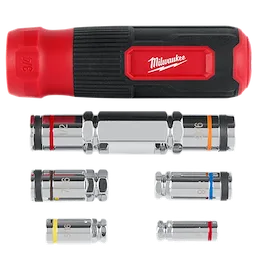 7-IN-1 Hollowcore Multi-Nut Driver set displayed with handle and six detachable sockets in various sizes, each labeled and color-coded.