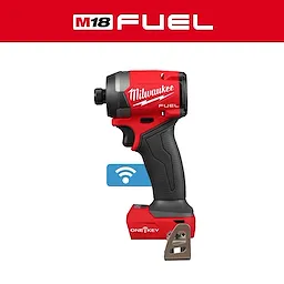 Red and black M18 FUEL 1/4" Hex Impact Driver with ONE-KEY. Wi-Fi icon indicates smart tool features. Brand name appears on tool.