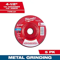 4-1/2" x 1/4" x 7/8" Performance+ Metal Grinding Wheel - Type 27 - 5pk, with red and black design, advertised for grinding metal and stainless steel.