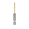 The Red Helix Titanium Impact Drill Bit features a gold-colored, spiral drill bit attached to a hexagonal, silver base for high durability and precise drilling. Designed for impact drivers, it efficiently drills through various materials.