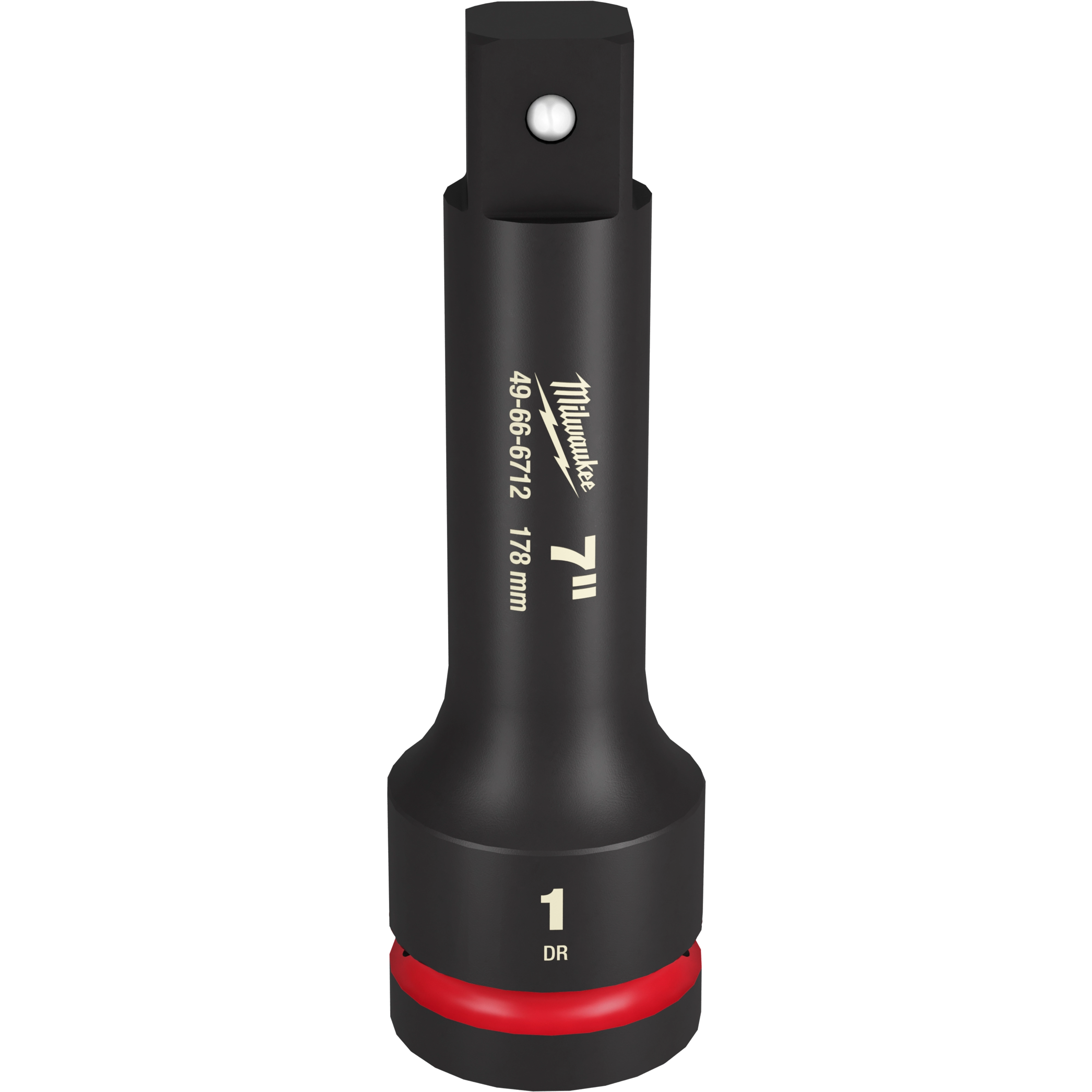 The 1" DR 7" IMPACT EXTENSION is a black, cylindrical extension tool with white lettering and a red band near the base. It is designed for impact applications and measures 178 mm in length.