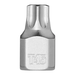The 1/4" Drive T45 Low-Profile TORX® Bit Socket is a compact, silver-colored tool with a T45 marking. It features a low-profile design ideal for tight spaces and is used for driving T45 TORX® screws.