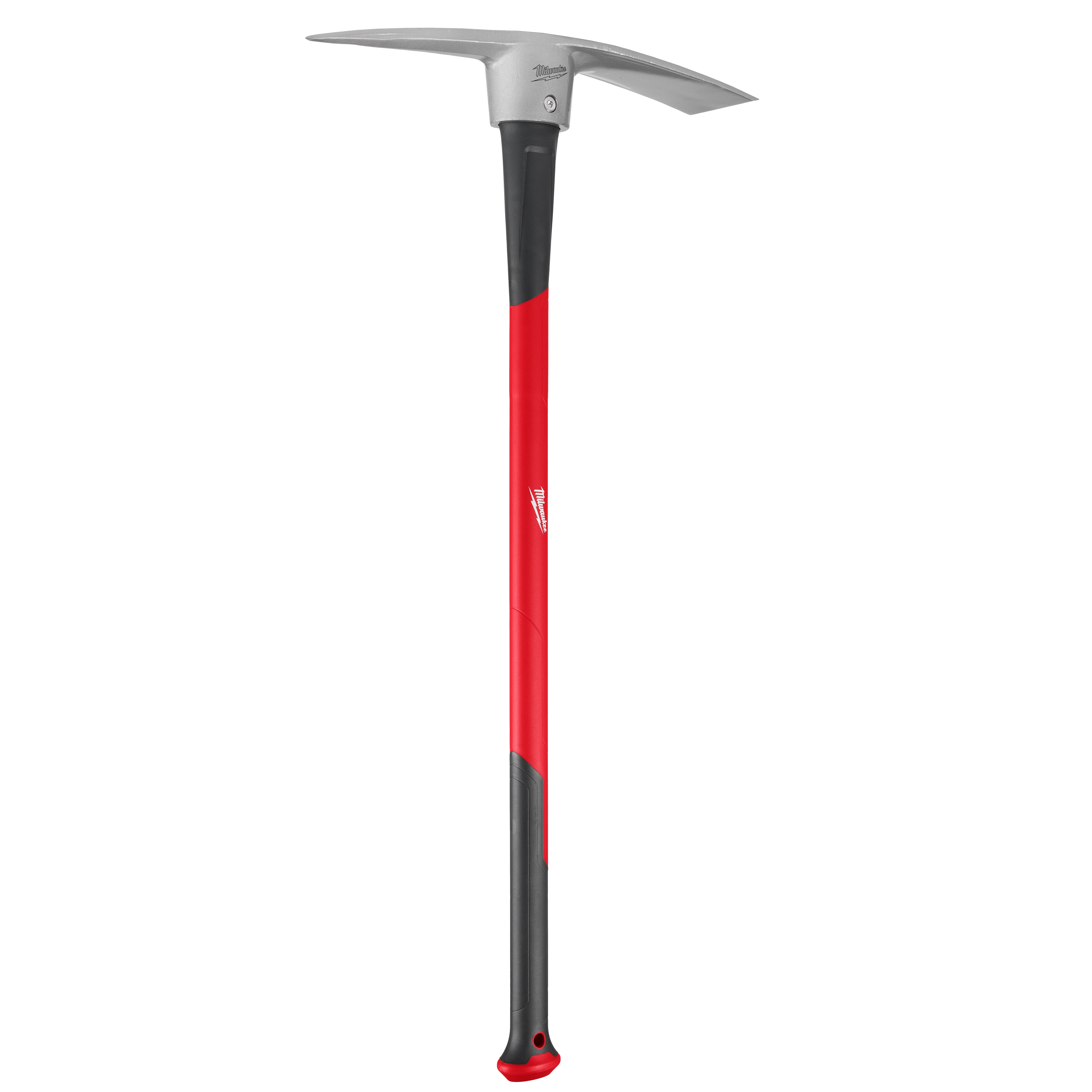 The 5lb Pick Mattock (34" Handle) features a heavy-duty steel head with a pick and adze, set on a durable, ergonomic 34-inch red and black handle designed for digging and breaking up soil or rocks.