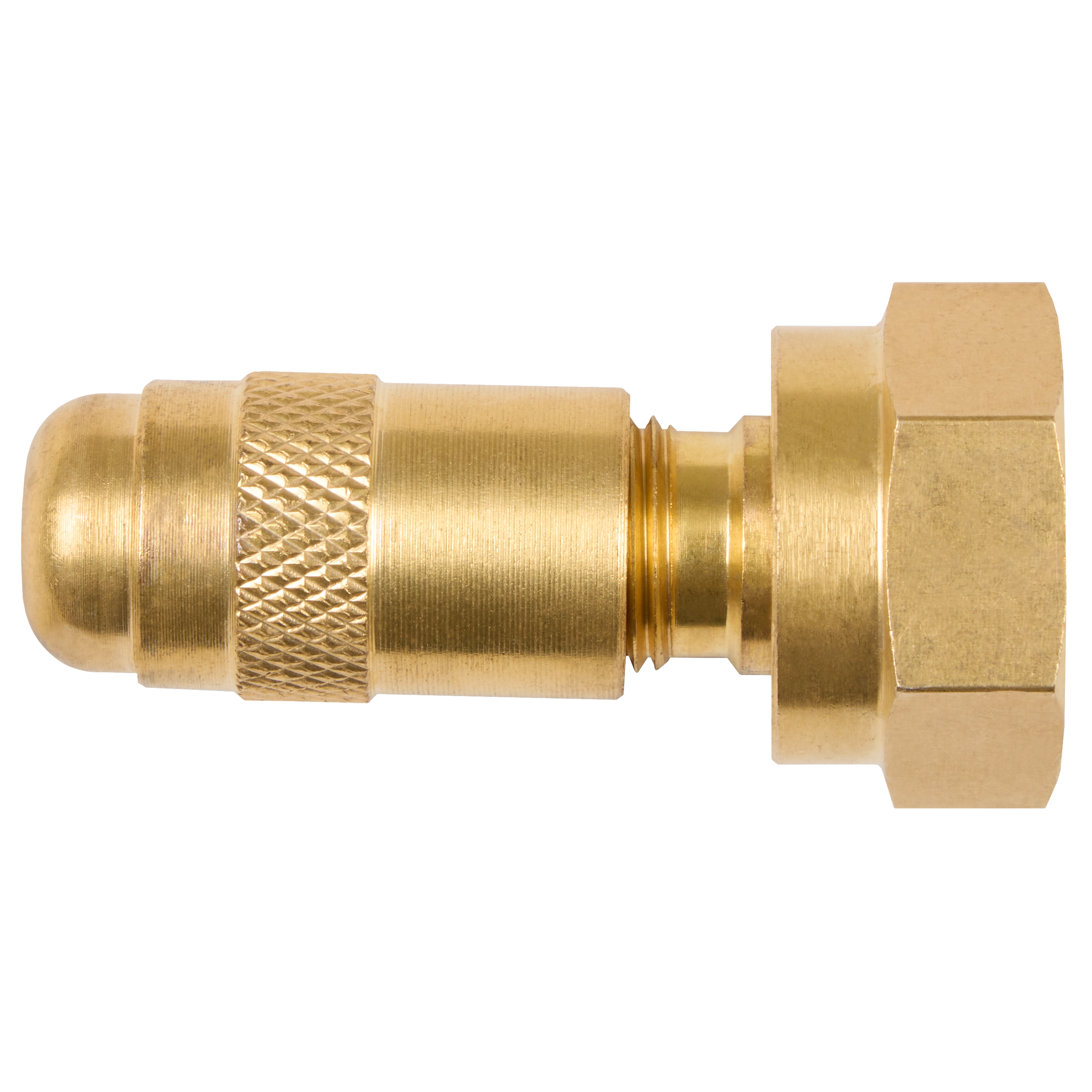 The image shows a brass connector part of a 4-Gallon Sprayer Tank Assembly w/ SWITCH-TANK™. The connector has a hexagonal nut and a textured grip section for easy handling.