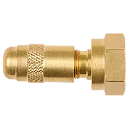 The image shows a brass connector part of a 4-Gallon Sprayer Tank Assembly w/ SWITCH-TANK™. The connector has a hexagonal nut and a textured grip section for easy handling.