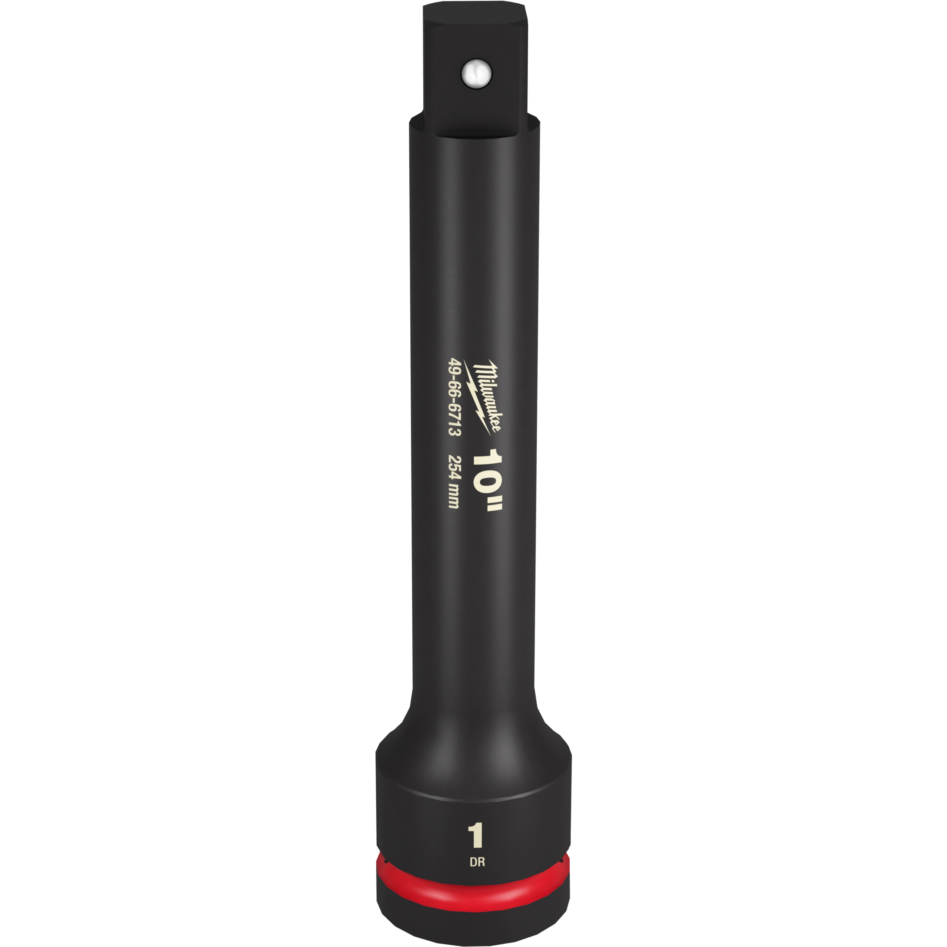 The image features a 1" DR 10" IMPACT EXTENSION. It is a black tool with white and red markings, designed for providing additional length in impact applications. The product measures 10 inches and has a 1-inch drive size, suitable for heavy-duty tasks.