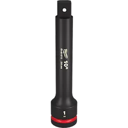 The image features a 1" DR 10" IMPACT EXTENSION. It is a black tool with white and red markings, designed for providing additional length in impact applications. The product measures 10 inches and has a 1-inch drive size, suitable for heavy-duty tasks.