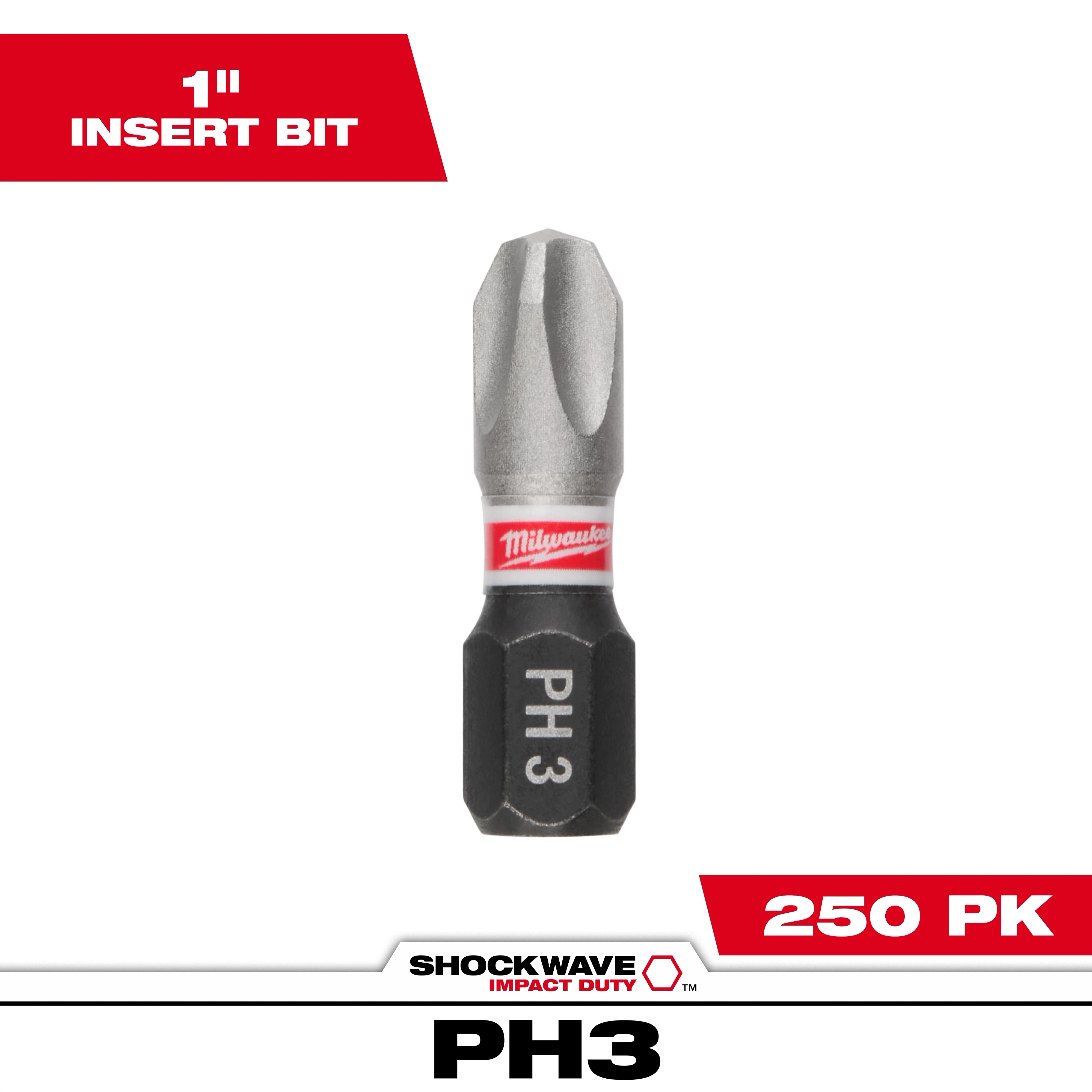 This image shows a single SHOCKWAVE™ 1" Impact Duty Phillips #3 Insert Bit. The bit is labeled "PH3" and features a red Milwaukee band. The text indicates it comes in a bulk pack of 250.