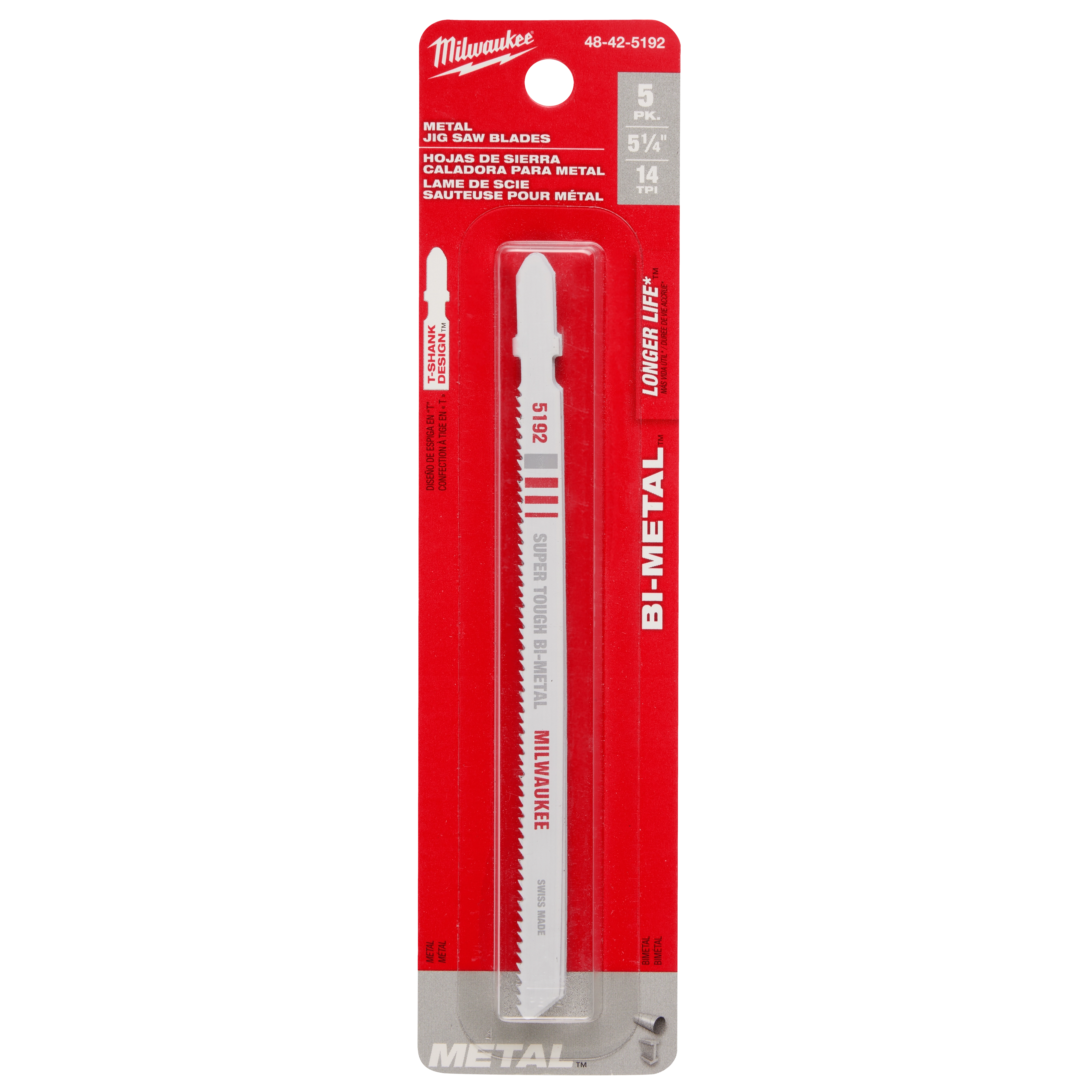 5-1/4" 14TPI T-Shank Metal Cutting Bi-Metal Jig Saw Blades 5PK in red and white packaging.