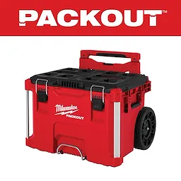 PACKOUT Rolling Tool Box in red with black handle and wheels, featuring durable latches and ample storage space.