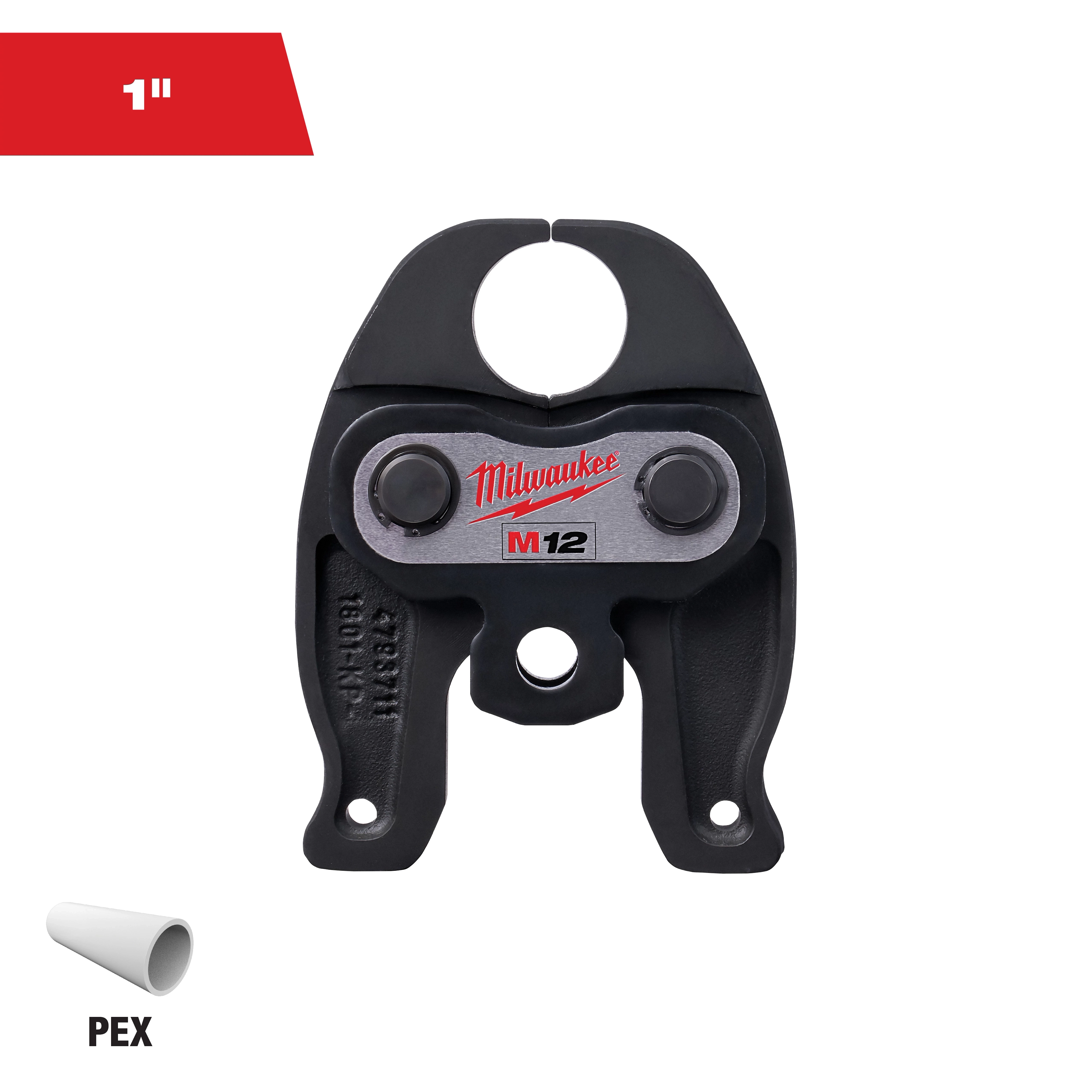 The image shows a Milwaukee M12 1-inch PEX crimp jaw. It has a black and silver finish with the Milwaukee logo in red. The tool is designed for use with PEX piping, as indicated by the PEX label and pipe emblem in the bottom left corner.